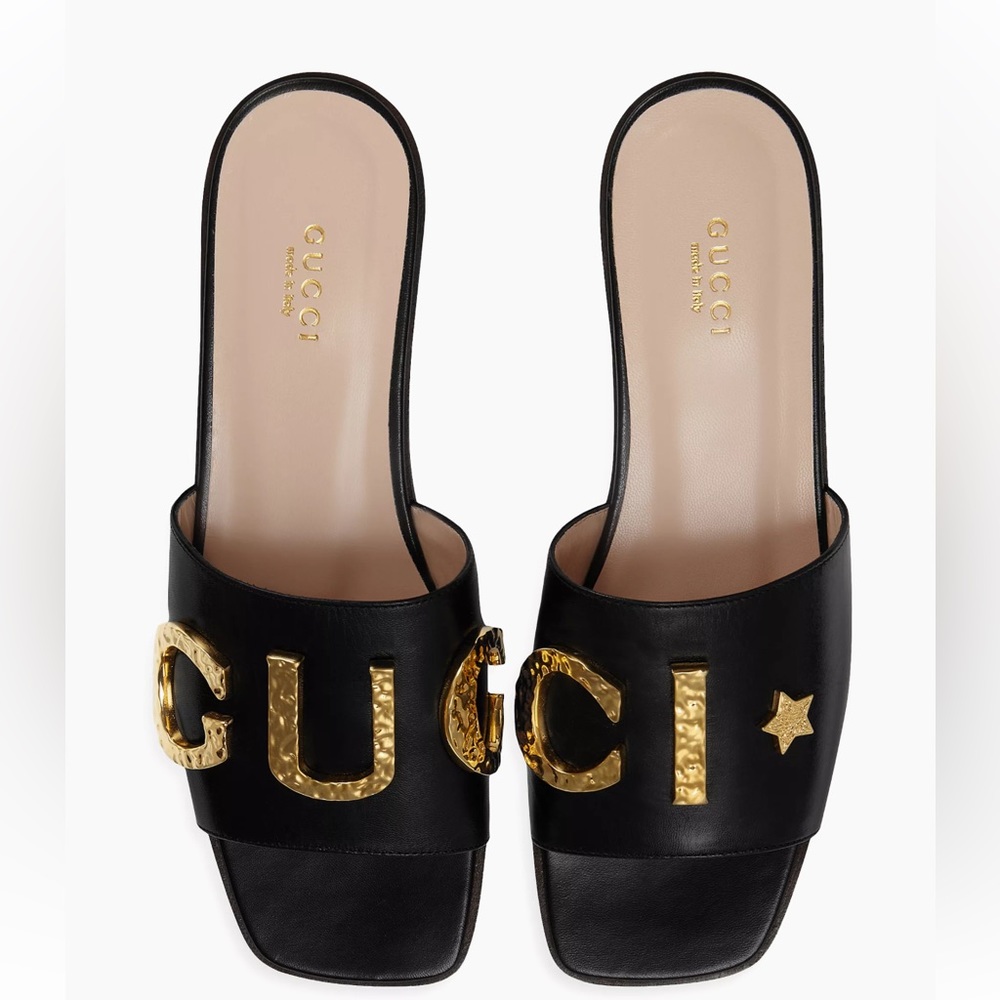 Gucci Cara Logo Leather Flat Slides- Black/ Gold